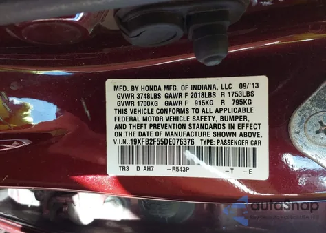 2013 Honda Civic Lx z USA, uszkodzony, nr VIN 19XFB2F55DE076376